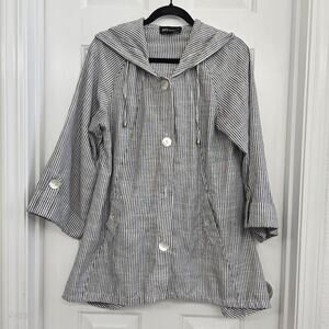 JNY Linen Blend Hooded Tunic Jacket Sz L Black White Striped Coastal Oversized